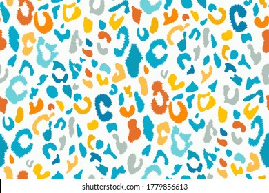 Seamless pattern with leopard spots on a white background. Colorful spotted texture, animalistic print. Perfect for fabrics, children's cards, clothing design... Vector illustration.