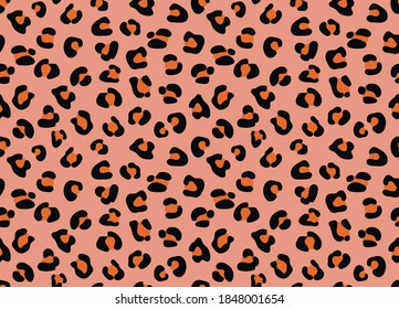 Seamless pattern of leopard texture background elements. Hand-drawn leopard texture in black and pink color on a pink background. Trendy animalistic colorful background for textile, fabric, paper. 