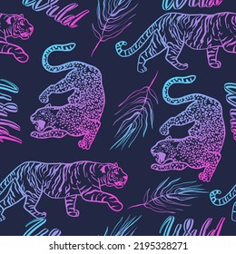 Seamless pattern with leopard and tiger and palm leaves. Neon background for textile, fabric, stationery, socks, clothes, web, teen and other design.