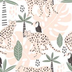 Seamless Pattern With Leopard And Toucan And Palm Leaves. Vector Illustration, With The Image Of Birds, For Printing On T-shirts, Postcards, Pictures, Fabric, Dishes, Packaging Paper. 
