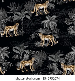 Seamless pattern with leopard and tropical landscape. Vector.