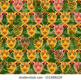 Seamless pattern  with leopard and tropical leaves. Leopard peeps out of the jungle. Exotic animal in tropics plants. Endless background. Vector illustration.
