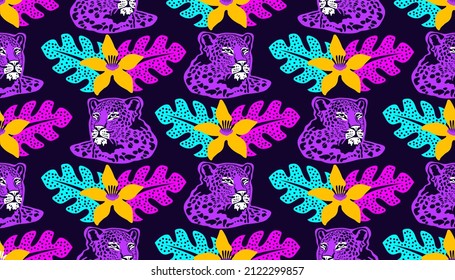Seamless pattern with leopard, tropical leaves and flowers. Background for different designs.