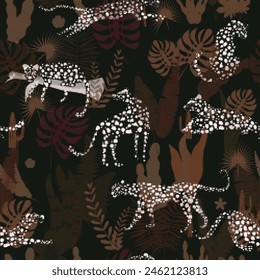 Seamless pattern Leopard with tropical leaves floral