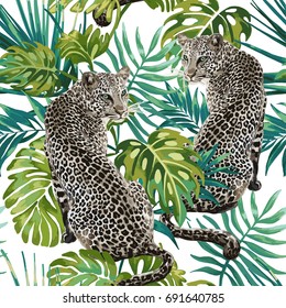 Seamless pattern of leopard and tropical leaves on a white background.