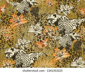 Seamless pattern of leopard. Vector illustration. Suitable for fabric, wrapping paper and the like. Vector illustration