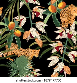 Seamless pattern with leopards animals, tropical leaves and orchid flowers. Trendy simple style. Vintage black background.	