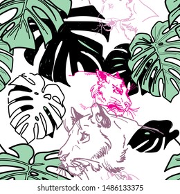 Seamless pattern with leopards. Big cats. Pop Art. Stylish colorful background. Summer print. Figured markers.