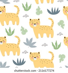 Seamless pattern with leopards. colorful vector for kids. hand drawing, flat style. baby design for fabric, print, textile, wrapper