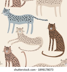 Seamless pattern with leopards. Creative texture for fabric, wrapping, textile, wallpaper, apparel. Vector illustration background in brown, blue and beige.