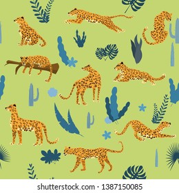 Seamless pattern with leopards in different poses with tropical leaves, plants, mammal, predator, jungle. Trend Style, Vector, Illustration, Isolated