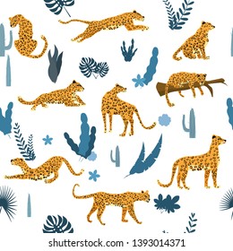 Seamless pattern with leopards in different poses with tropical leaves, plants, mammal, predator, jungle. Trend Style, Vector, Illustration, Isolated