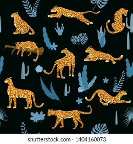 Seamless pattern with leopards in different poses with tropical leaves, plants, mammal, predator, jungle. Trend Style, Vector, Illustration, Isolated