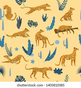 Seamless pattern with leopards in different poses with tropical leaves, plants, mammal, predator, jungle. Trend Style, Vector, Illustration, Isolated