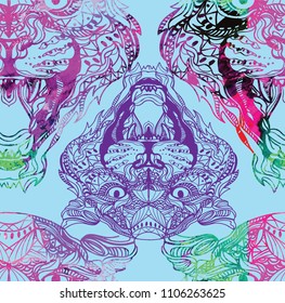 Seamless pattern with leopards. Doodling, mandala pattern. Drawing by hand. Stylish background. Indian style.