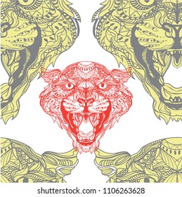 Seamless pattern with leopards. Doodling, mandala pattern. Drawing by hand. Stylish background. Indian style.