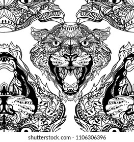 Seamless pattern with leopards. Doodling, mandala pattern. Drawing by hand. Stylish background. Indian style.