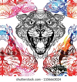 Seamless pattern with leopards. Doodling, mandala pattern. Drawing by hand. Stylish background. Indian style.