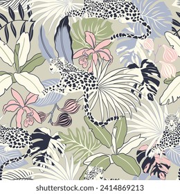 
seamless pattern with leopards and exotic leaves