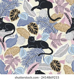 
seamless pattern with leopards and exotic leaves