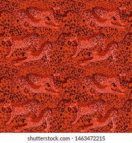 Seamless pattern with leopards. Find the leopard, disguise with the background. Leopard spots new