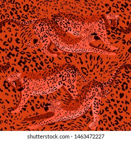Seamless pattern with leopards. Find the leopard, disguise with the background. Leopard spots new