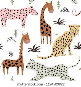 seamless pattern with leopards and giraffes. background for fabric ,textile ,wallpaper