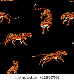 Seamless pattern. Leopards are isolated on a black background. Wild cats. Fashion print. Trend illustration. Hand drawn.