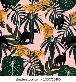 Patrón sin mar con leopardos, hojas jaguares y tropicales. Estilo moderno. Fondo rosa.