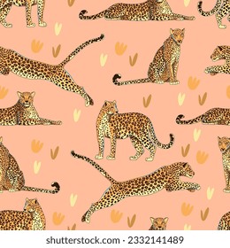 Seamless pattern with leopards, jaguars or cheetahs. A predator lies, sits, jumps and stands on a pink background. Cartoon style. Hand drawn. Vector illustration.