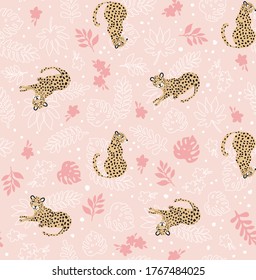 Seamless pattern with leopards and jungle leaves. Vector pink background