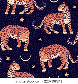 Nahtloses Muster mit Leoparden, Mond und Sternen