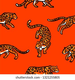 Seamless pattern. Leopards on orange background. Cute illustration of a wild cats.