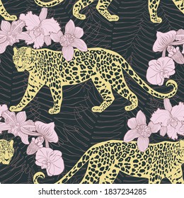 Seamless pattern with leopards, orchids and fern. Hand-drawn vector illustration. Animal art background.