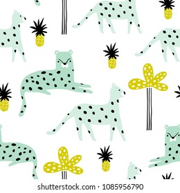 Seamless pattern with leopards, palm branch and tropical background. Creative jungle childish texture. Great for fabric, textile Vector Illustration