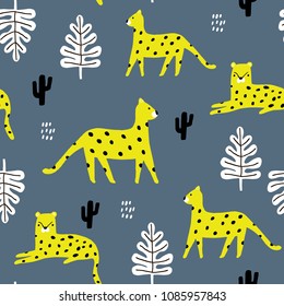 Seamless pattern with leopards, palm branch and tropical background. Creative jungle childish texture. Great for fabric, textile Vector Illustration