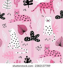 Patrón sin foco con leopardos, rama de palmera y fondo tropical. Creativa textura infantil rosa de jungla. Excelente para tela, vectores textiles Ilustración