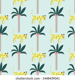 Seamless pattern of leopards and palm trees on a blue background.