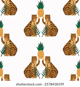 Seamless pattern with leopards and pineapple. Vector