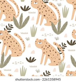 Seamless pattern with leopards, plants, decor elements. colorful vector for kids. hand drawing, flat style. baby design for fabric, print, textile, wrapper