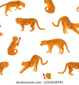 Seamless pattern with leopards. Predatory cats on a natural tropical print. Vector graphics.