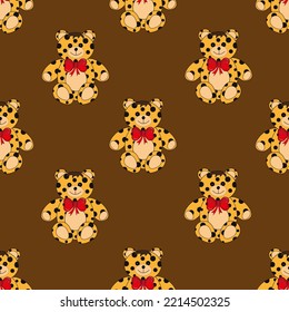 Seamless pattern with leopards with a red bow on a brown background. Animalistic background with wild exotic cats. Set with a cheetah.