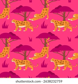 Seamless pattern with leopards in the savannah on a dark background