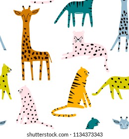 Seamless pattern with leopards, tigers, leopards. Creative jungle childish texture. Great for fabric, textile Vector Illustration