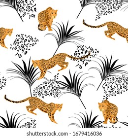 Seamless pattern with leopards and tropical black leaves. Trendy style. Vintage background.
