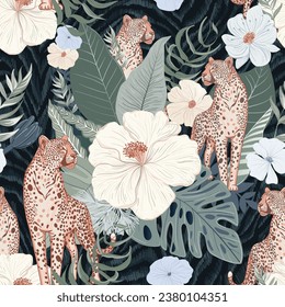 Seamless pattern. Leopards and tropical flowers, plant botanical pattern on a dark background for fabric, wallpaper, dishes and other surfaces.