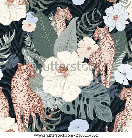 Seamless pattern. Leopards and tropical flowers, plant botanical pattern on a dark background for fabric, wallpaper, dishes and other surfaces.