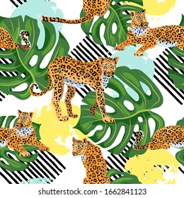 Seamless pattern with leopards, tropical leaf monstera, hand drawn style rounds and stripes. Vector illustration.