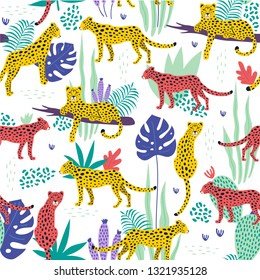 Seamless pattern with leopards and tropical leaves. Vector illustration