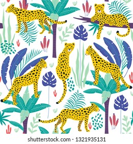 Seamless pattern with leopards and tropical leaves. Vector illustration